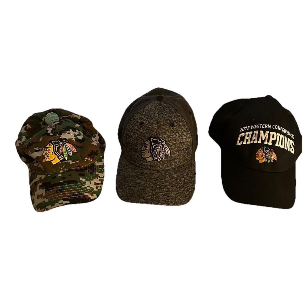 NEW Lot of 3 Chicago Blackhawks Hats Hockey NHL Caps Black Adjustable